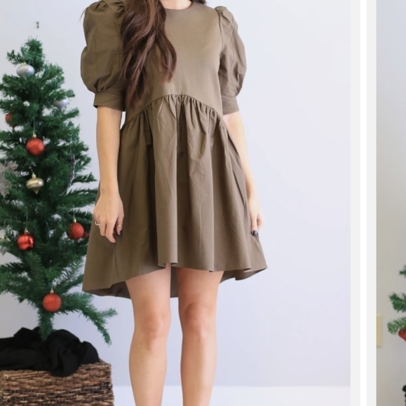 English Factory Olive green Preppy Puffy Sleeves Mini dress Side Pockets Size XS - Picture 1 of 13